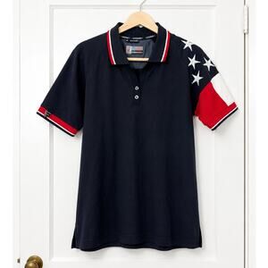 Rock Point Patriotic American Flag Polo Shirt Womens Medium Black Stars Stripes